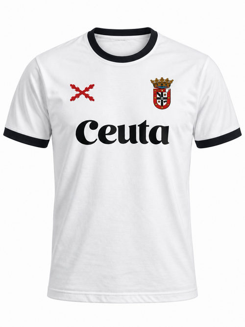 Camiseta Ceuta Retro – vista frontal con Cruz de Borgoña y escudo de Ceuta